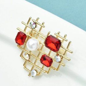 Abstract Red Crystal Faux Pearl Valentine HEART Lapel Collar Sweater Brooch Pin